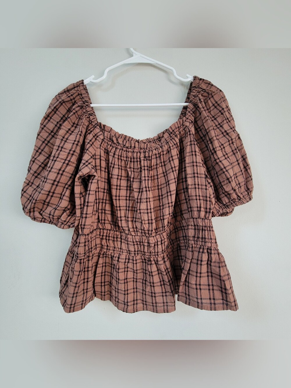 ANA Puff Sleeve Peplum Plaid Babydoll Top Women Size PL Cottagecore Feminine